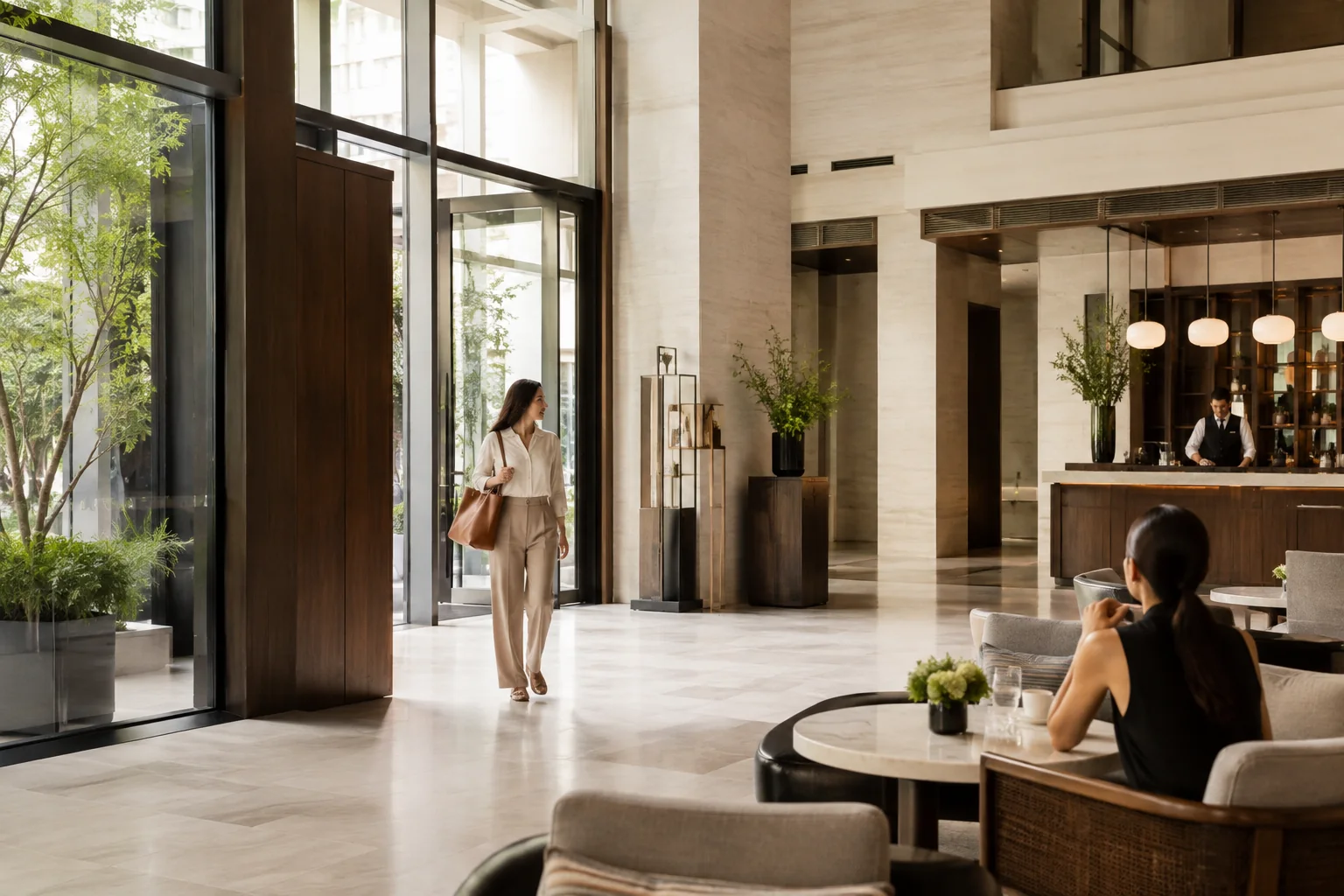 A bright staffed public lobby with an open entrance and clear sightlines